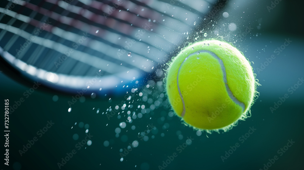 Tennis racket and ball on the tennis court with water drops.