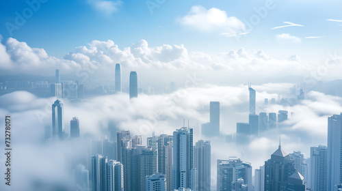Futuristic panorama of high-rise buildings in the clouds