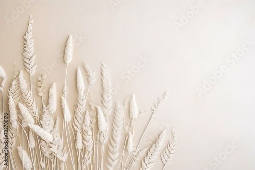 laconic  Scandinavian natural background with leaves  twigs and dried flowers in delicate pastel shades. spring minimalistic background with free space for inscriptions