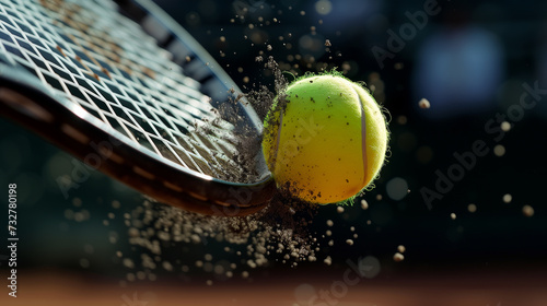 close up of a tennis ball falling into stripes at it is being hit with a racquet in mid air, realistic © Viktor