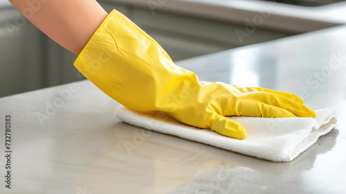 hand in yellow glove wiping kitchen marble surface , cleaning house concept