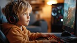 A child sits at a computer and plays game. Generative AI.