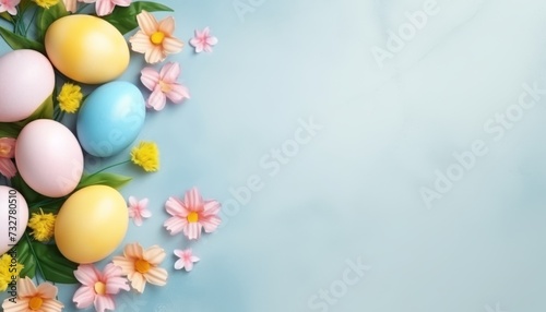 Happy Easter day decoration with colorful eggs  flowers and copy space on soft blue background. Spring card with painted eggs on light paper surface. Generative AI.