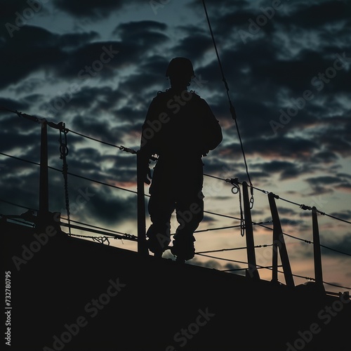 A soldier standing on a ship with a silhouette effect exposed to a little sunlight against a stunning cloudy sky background, great for military, blogs, maritime, navy, web etc. Generative Ai