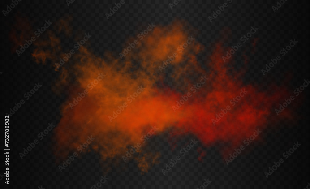 Red, scarlet and orange gradient futuristic colorful smoke cloud. Vector realistic magic color vibrant haze isolated on the semi transparent dark background