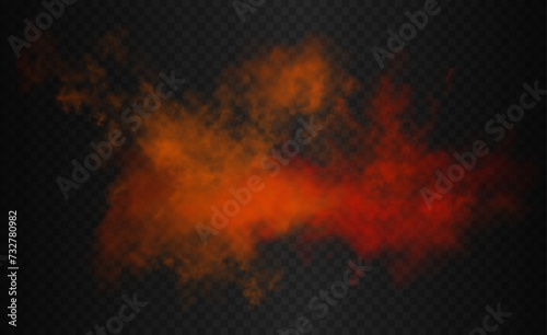 Red, scarlet and orange gradient futuristic colorful smoke cloud. Vector realistic magic color vibrant haze isolated on the semi transparent dark background