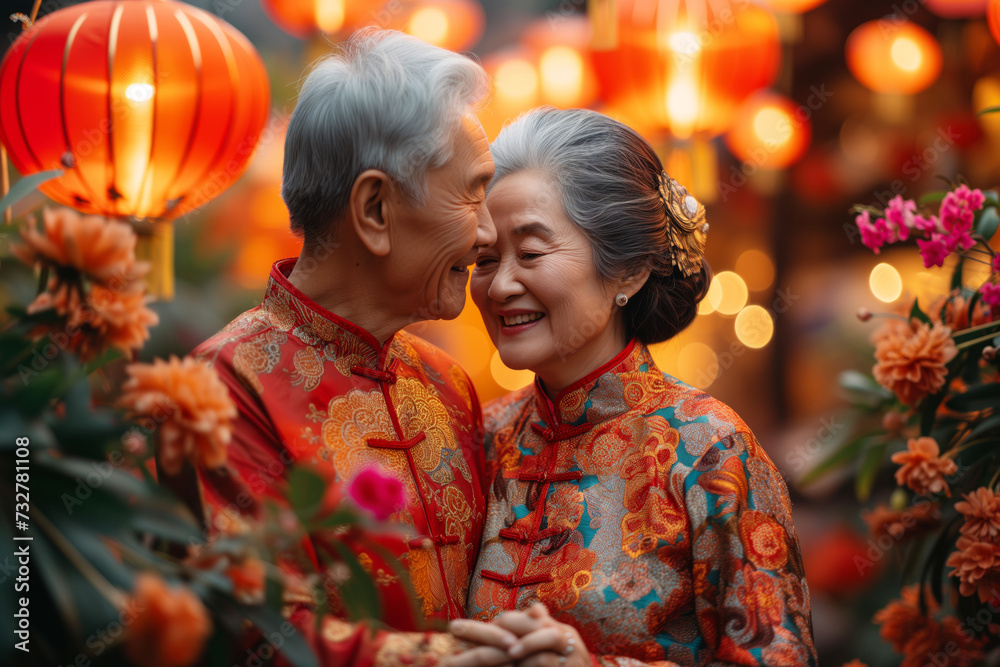 An elderly Asian couple in beautiful traditional Chinese attire lovingly gaze into each other's eyes, surrounded by festive lanterns..