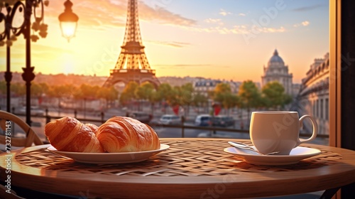 Delicious french croissants and cafe au lait on romantic background of Eiffel tower view Paris, France, Based on Generative AI