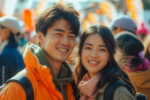 A cheerful young Asian couple wearing casual autumn clothes, smiling brightly in a crowd at an outdoor festival.