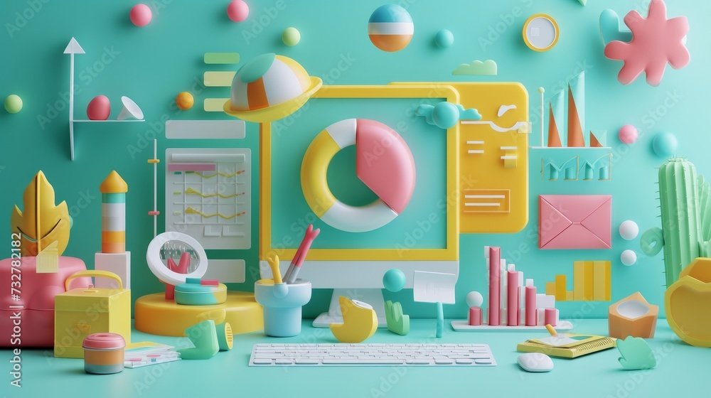 A 3D render illustration depicting the concept of SEO optimization, web analytics, and SEO marketing - obrazy, fototapety, plakaty 