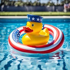 Yellow duck floating in American flag inflatable swim ring in an outdoor swimming pool