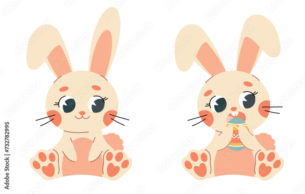 Cute easter bunny with eggs.  Spring collection of animals. For poster, card, scrapbooking , stickers. Easter rabbit.  Happy Easter bunny, vector illustration.