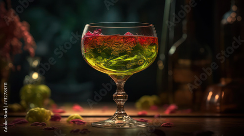 Close-up illustration of an attractive looking green cocktail with added small red berries in a blurred background