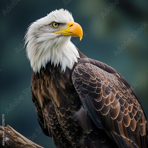 A bald eagle in exquisite detail, piercing yellow eyes and powerful, hooked beak, out-of-focus gradient, tranquil backdrop. Eagle's observant eye. Generative AI