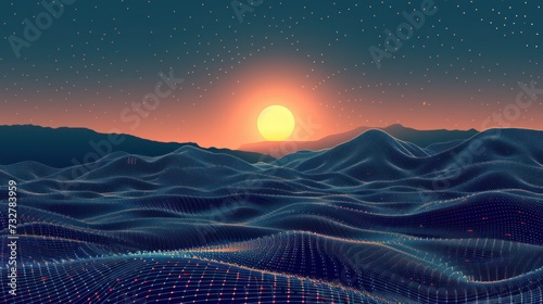 Abstract digital landscape with particles, dots, and stars on the horizon. Wireframe landscape background. Big Data. 3D futuristic vector illustration. Retro 80s Sci-Fi Background
