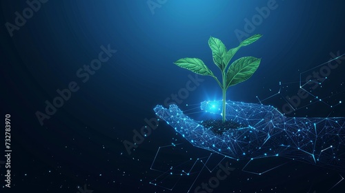 Abstract giving hand with young plant in soil. Low poly style design on a blue geometric background. Wireframe light connection structure. Modern 3D graphic concept. Isolated vector illustration photo