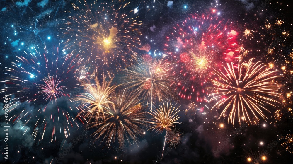 From below shot of wonderful vivid fireworks exploding on background of black night sky