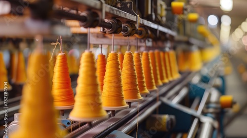large group of bobbin thread cones on a warping machine in a textile mill.