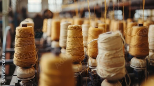 large group of bobbin thread cones on a warping machine in a textile mill.