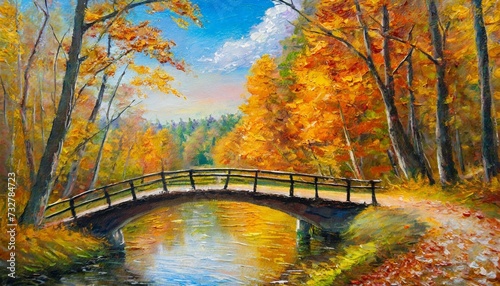 oil painting autumn forest with a road and bridge over the roa