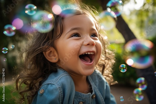 Radiant Young Girl with Joyful Smile Enjoying Soap Bubbles Playtime, Surrounded by Nature in the Warm Glow of the Sun.