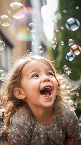 Exuberant Toddler Laughing Heartily Playing With Glistening Soap Bubbles in a Lush Garden on a Bright Summer Day.