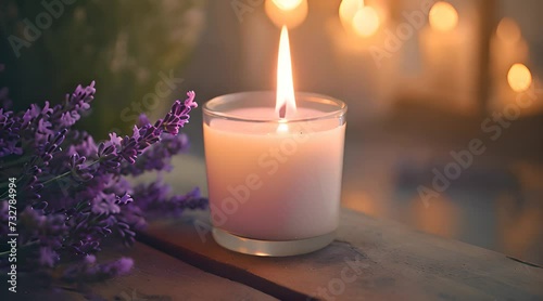 burning candle in a glass, homemade candle with a calming lavender scent, showcasing the creativity and personal touch photo