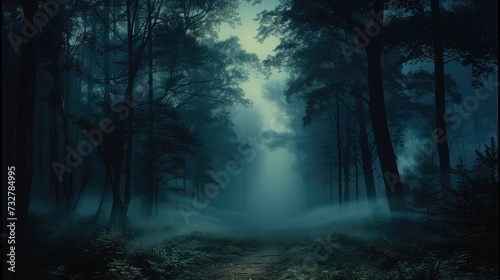 Dark forest with misty. Generative AI.