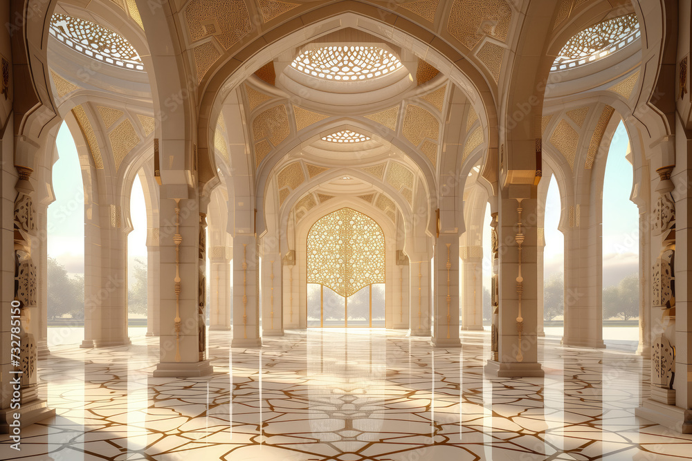 Sunlight filters through the ornate arches of a grandiose and elegant white marble corridor.