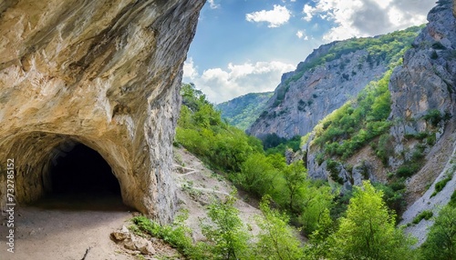 entrance to a mountain cave in a gorge on a mountainside with trees © Alexander