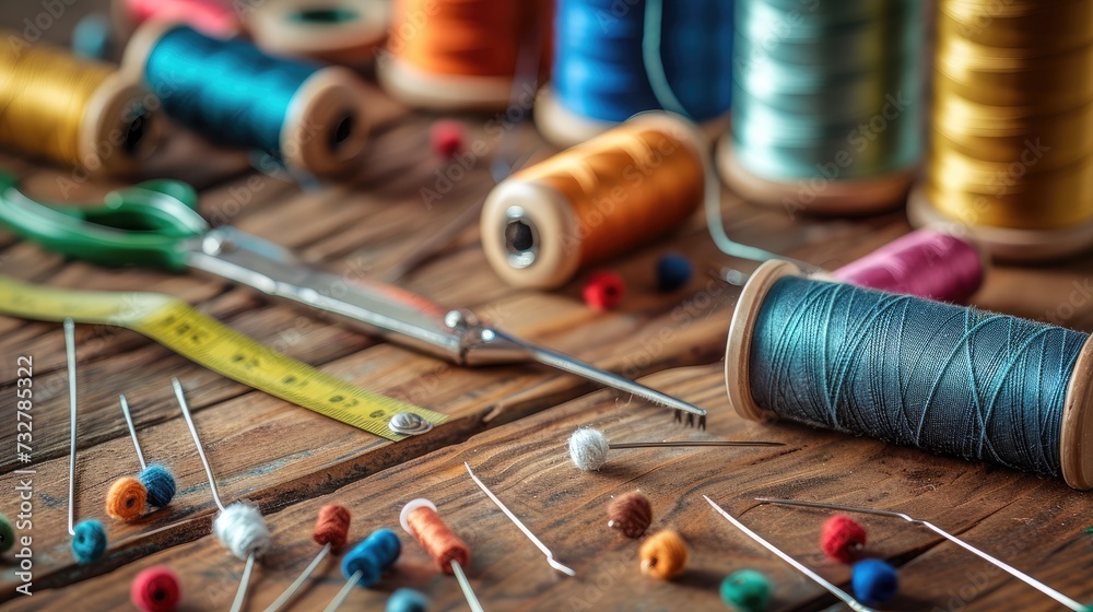 Spools of thread and basic sewing tools including pins, needle, a thimble, and tape measure on a wooden tabletop - obrazy, fototapety, plakaty 