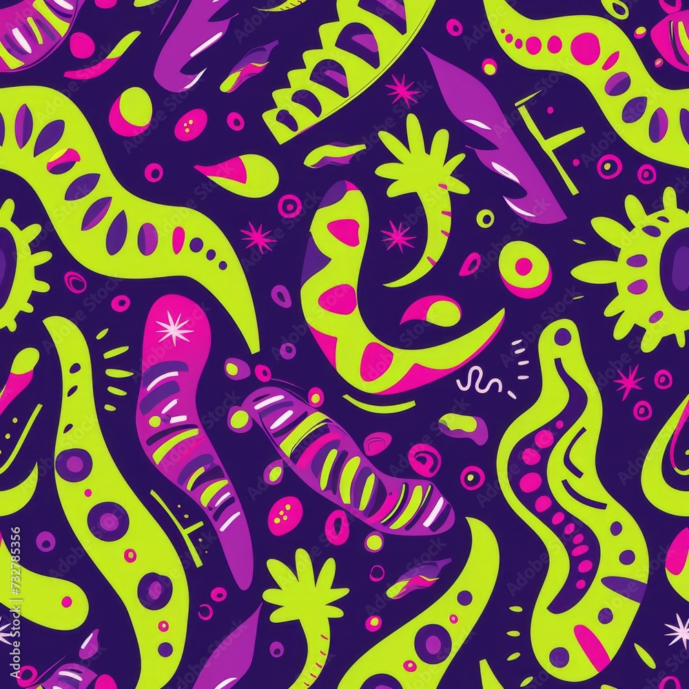 Neon Organic Shapes on Purple Background. Abstract neon organic shapes and patterns against a deep purple backdrop.