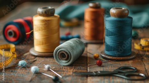 Spools of thread and basic sewing tools including pins, needle, a thimble, and tape measure on a wooden tabletop