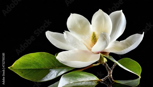 beautiful white magnolia flower blooming on black background