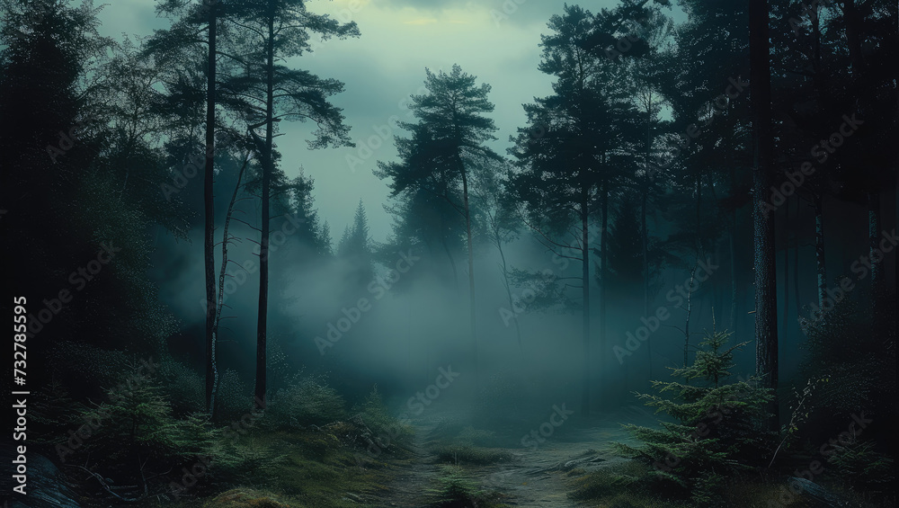 Dark forest with misty. Generative AI. Dark forest with misty. Generative AI.