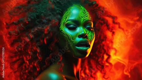 Emerald Glow on Woman with Abstract Art. A woman's profile with vivid emerald body art against fiery backdrop.