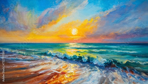oil painting of the sea multicolored sunset on the horizon watercolor © Alexander