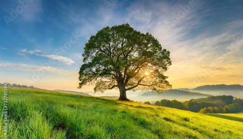 lonely ancient oak tree on a hill amidst a panorama of lush green grasslands at sunrise