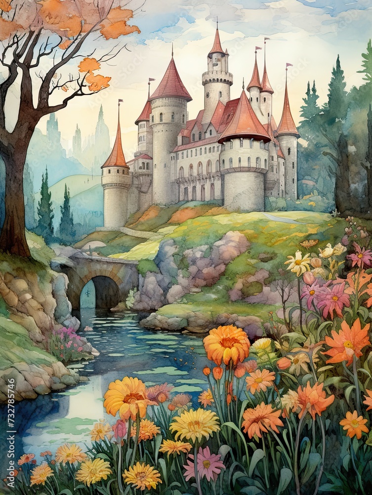 Vintage Castle: Majestic Fairytale Turrets on a Medieval Landscape - obrazy, fototapety, plakaty 