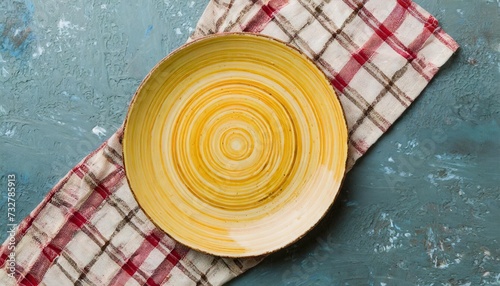 top view on colored background empty round yellow plate on tablecloth for food empty dish on napkin with space for your design