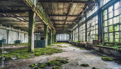 industrial interior at the old electronic devices factory with big windows and empty floor interior inside an abandoned factory overgrown with green moss and plants