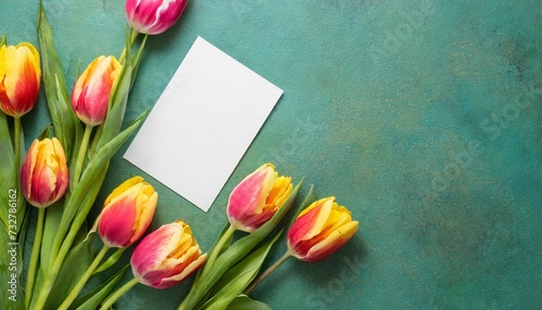 composition with blank card and beautiful flowers tulip on coloredbackground top view with space for you desing