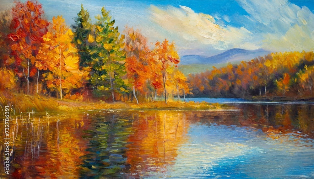 oil painting landscape autumn forest near the lake
