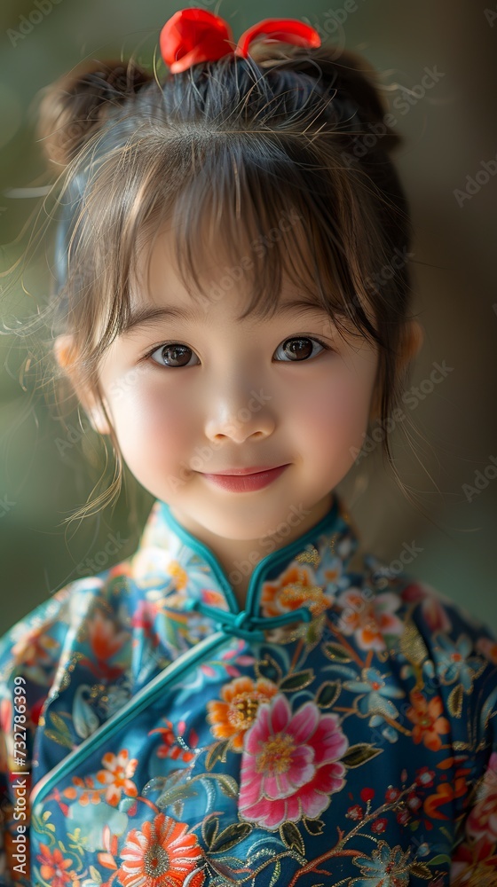 A close-up portrait of a smiling Chinese girl radiating joy and wearing floral robes evoking the beauty and delicacy of the culture. Girl immersed in rich Chinese cultural heritage. A close-up portrait of a smiling Chinese girl radiating joy and wearing floral robes evoking the beauty and delicacy of the culture. Girl immersed in rich Chinese cultural heritage.