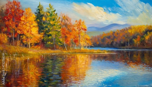 oil painting landscape autumn forest near the lake