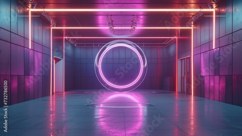 3D rendering illustration of an empty dark futuristic sci-fi hall room with illuminated lights and a circular neon light reflected on the surface