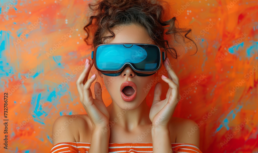 Close-up portrait woman in VR glasses, on colorful background with copy space.Design for poster, banner, advertising, and print.Entertainment and technology concept. Close-up portrait woman in VR glasses, on colorful background with copy space.Design for poster, banner, advertising, and print.Entertainment and technology concept.