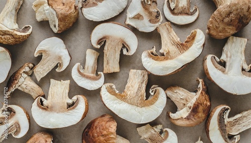dry slices of porcini as gourmet food ingredient texture background from forest boletus mushrooms top view flat lay beige pastel aesthetic monochrome pattern vegetable organic protein trend food