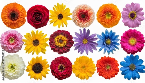 big collection of various head flowers orange purple yellow pink blue and red isolated on white background perfectly retouched full depth of field on the photo top view flat lay © Alexander