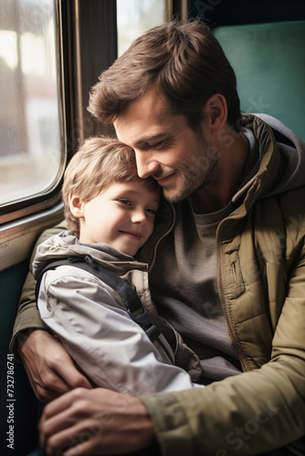 Father and son in a train beeing happy together photo